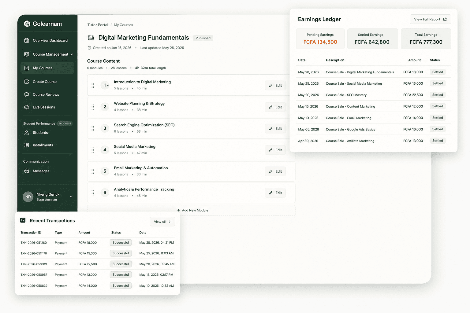 Golearnam tutor dashboard showing the course builder and live enrollments