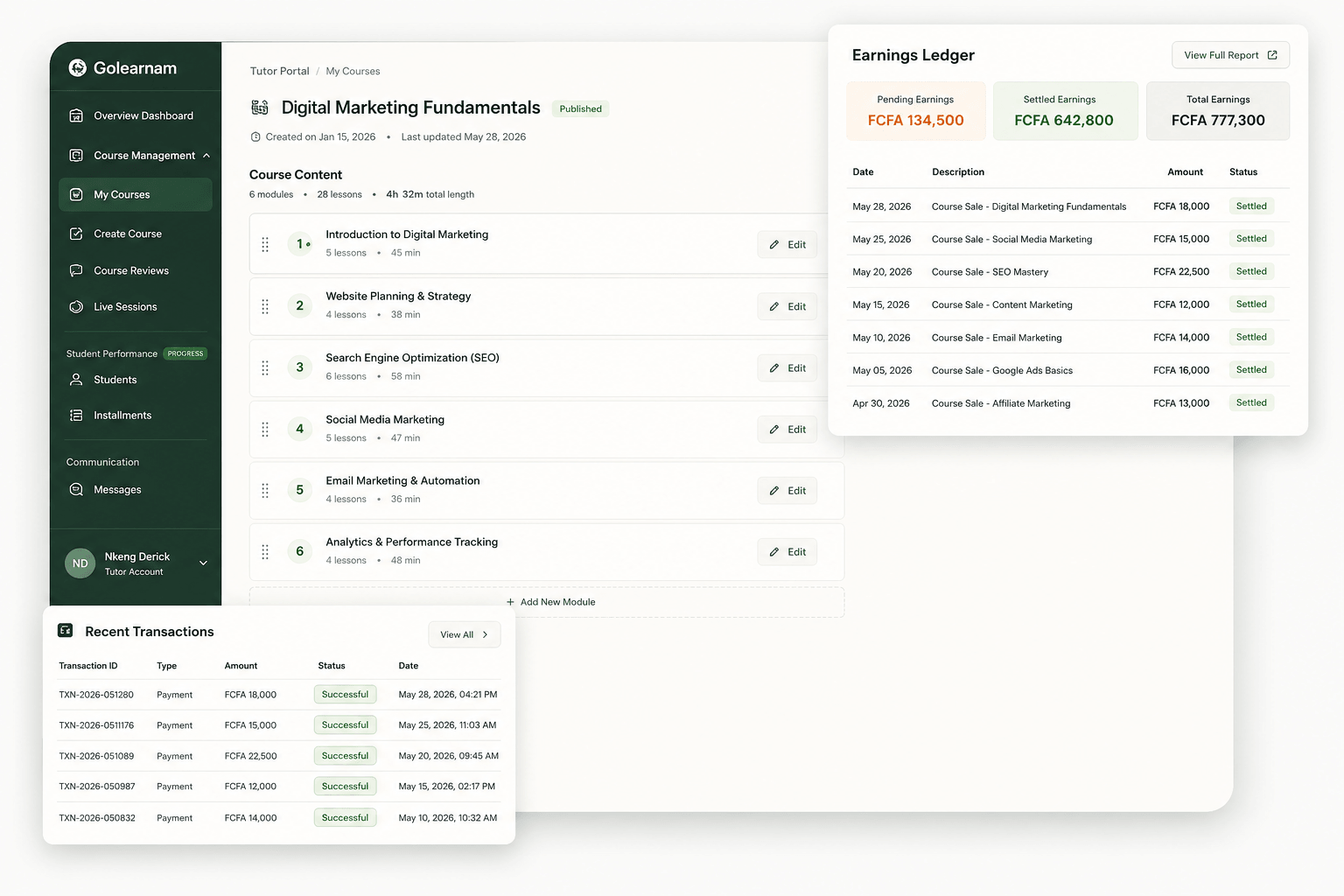 Golearnam tutor dashboard